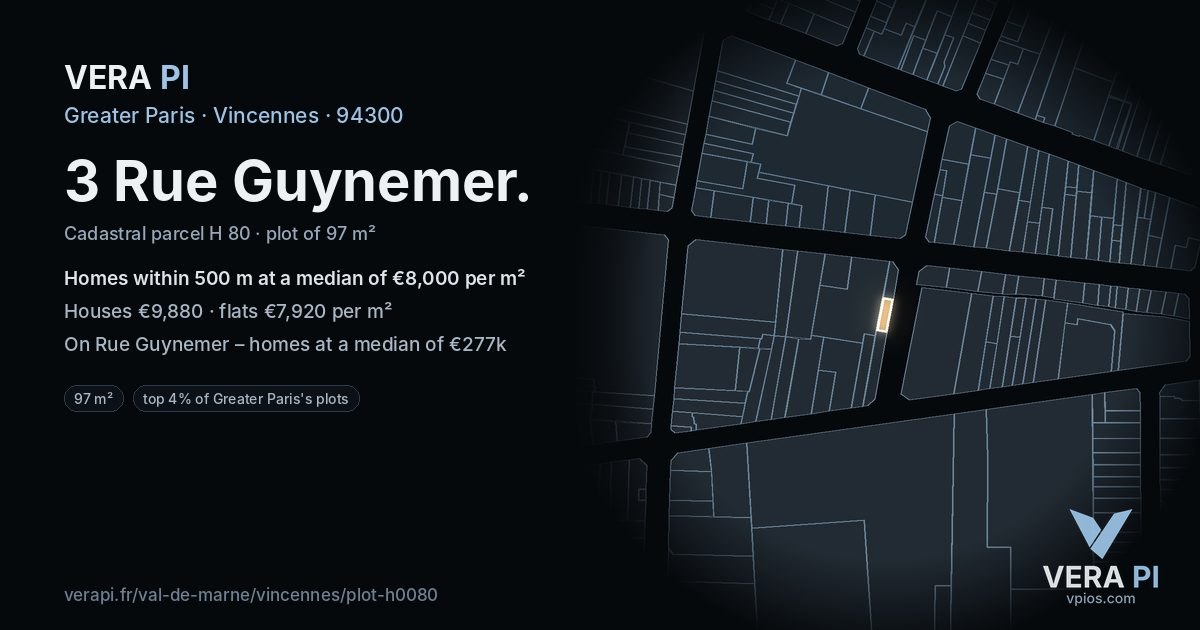 3 Rue Guynemer, Vincennes at night – the plot lit, the parcels around coloured by the prices near them