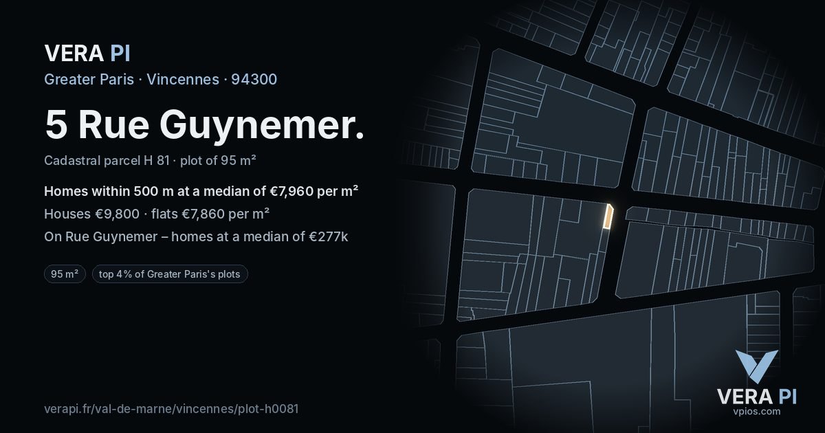 5 Rue Guynemer, Vincennes at night – the plot lit, the parcels around coloured by the prices near them