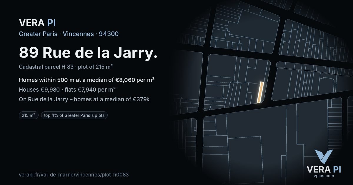 89 Rue de la Jarry, Vincennes at night – the plot lit, the parcels around coloured by the prices near them
