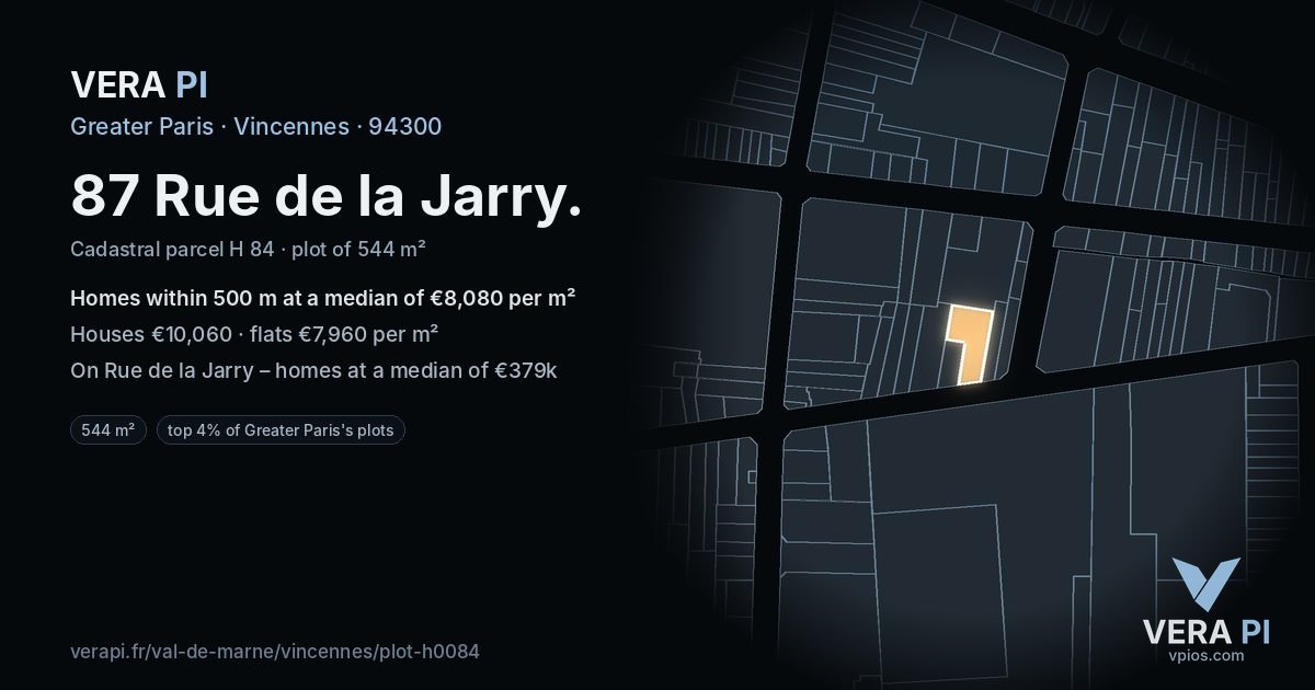87 Rue de la Jarry, Vincennes at night – the plot lit, the parcels around coloured by the prices near them