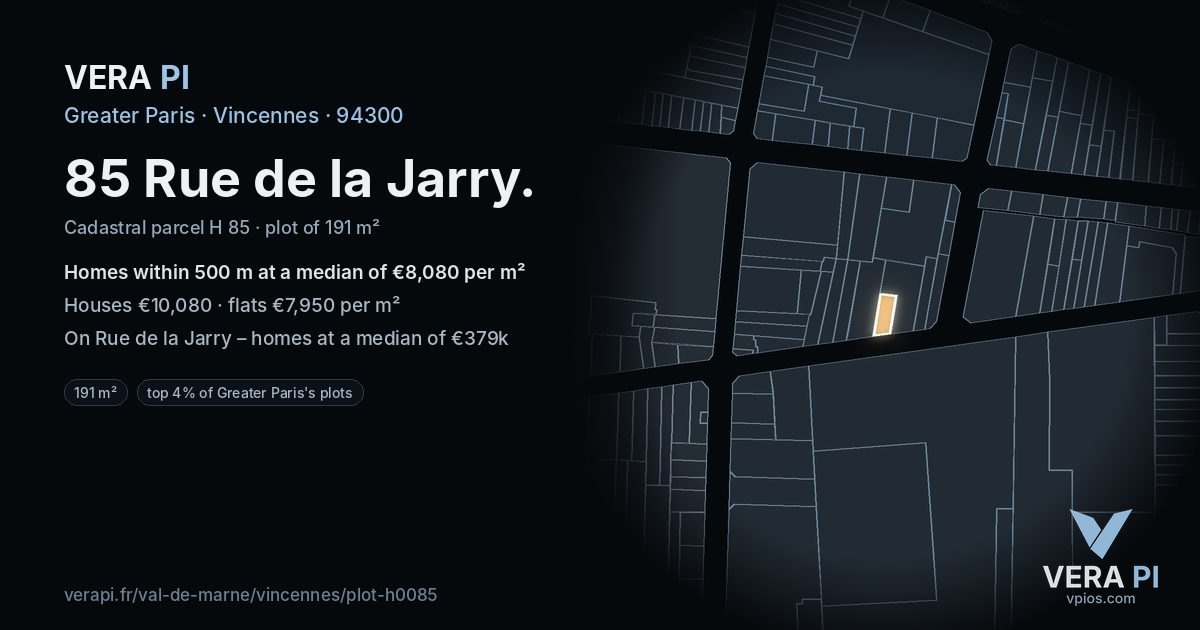 85 Rue de la Jarry, Vincennes at night – the plot lit, the parcels around coloured by the prices near them