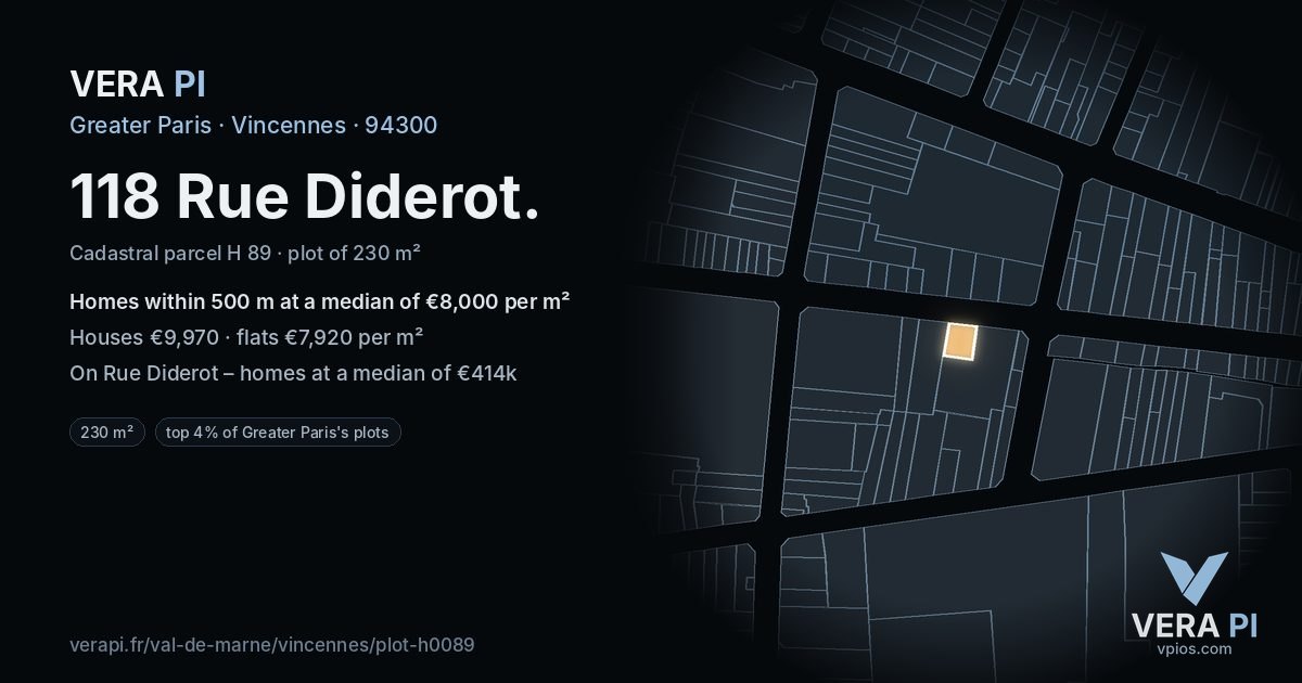 118 Rue Diderot, Vincennes at night – the plot lit, the parcels around coloured by the prices near them