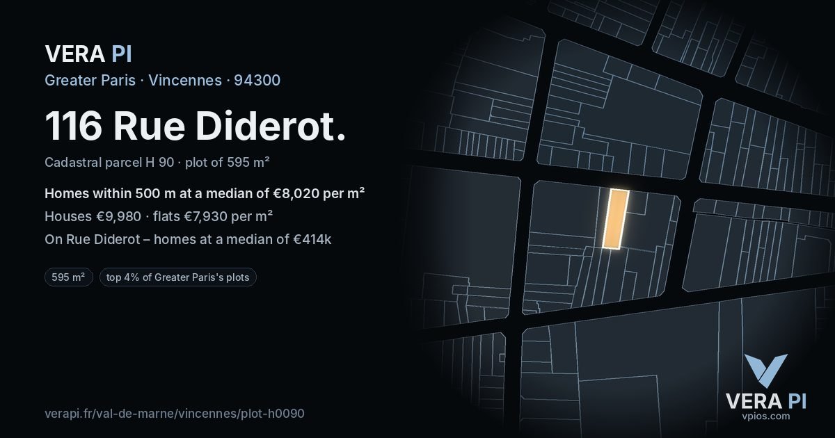116 Rue Diderot, Vincennes at night – the plot lit, the parcels around coloured by the prices near them