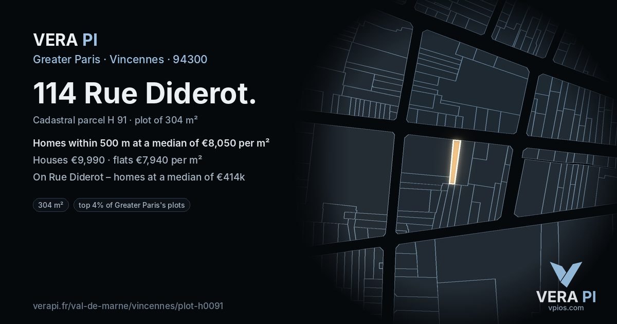 114 Rue Diderot, Vincennes at night – the plot lit, the parcels around coloured by the prices near them