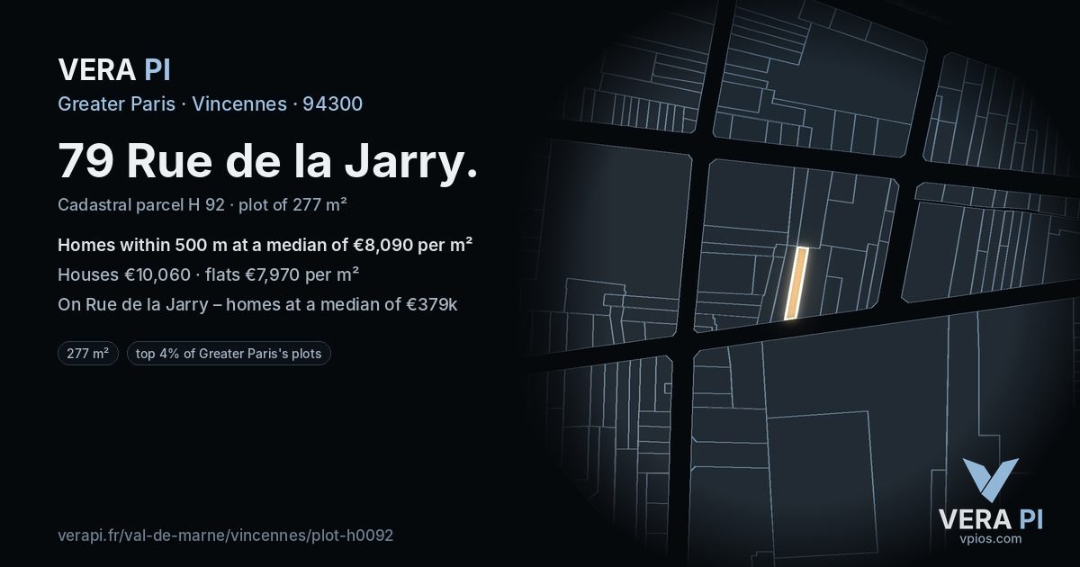 79 Rue de la Jarry, Vincennes at night – the plot lit, the parcels around coloured by the prices near them