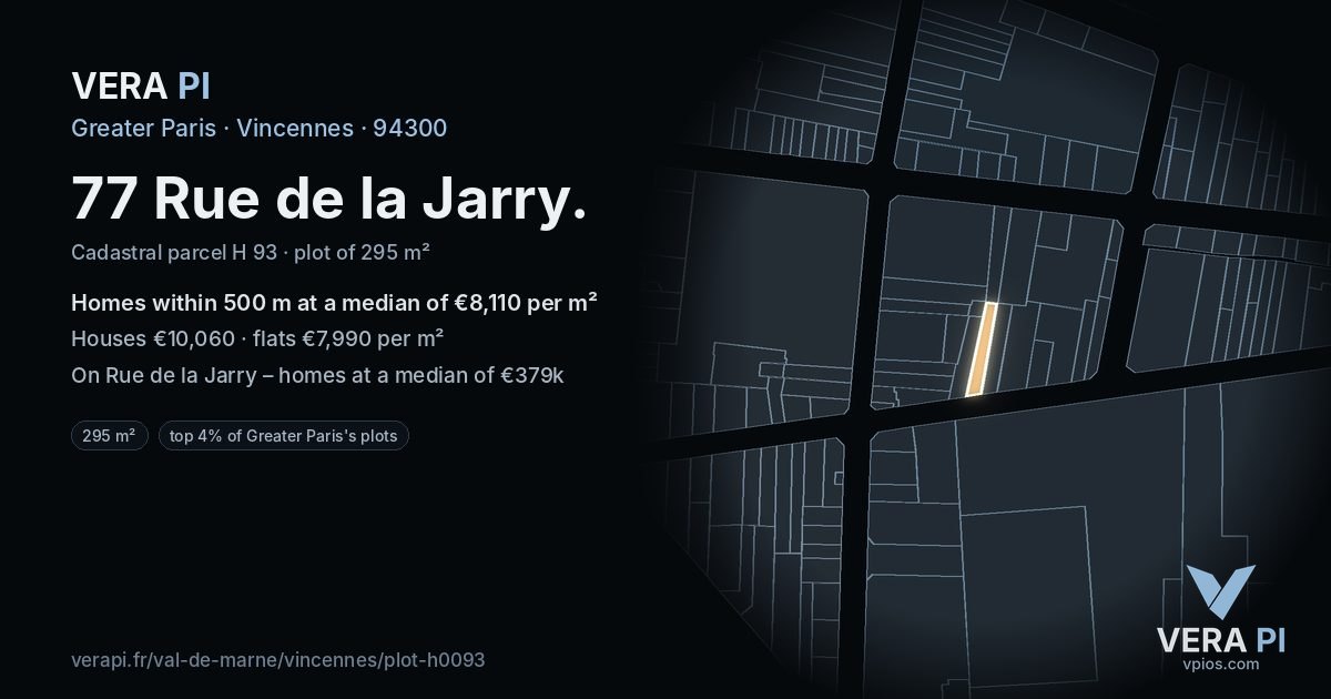 77 Rue de la Jarry, Vincennes at night – the plot lit, the parcels around coloured by the prices near them