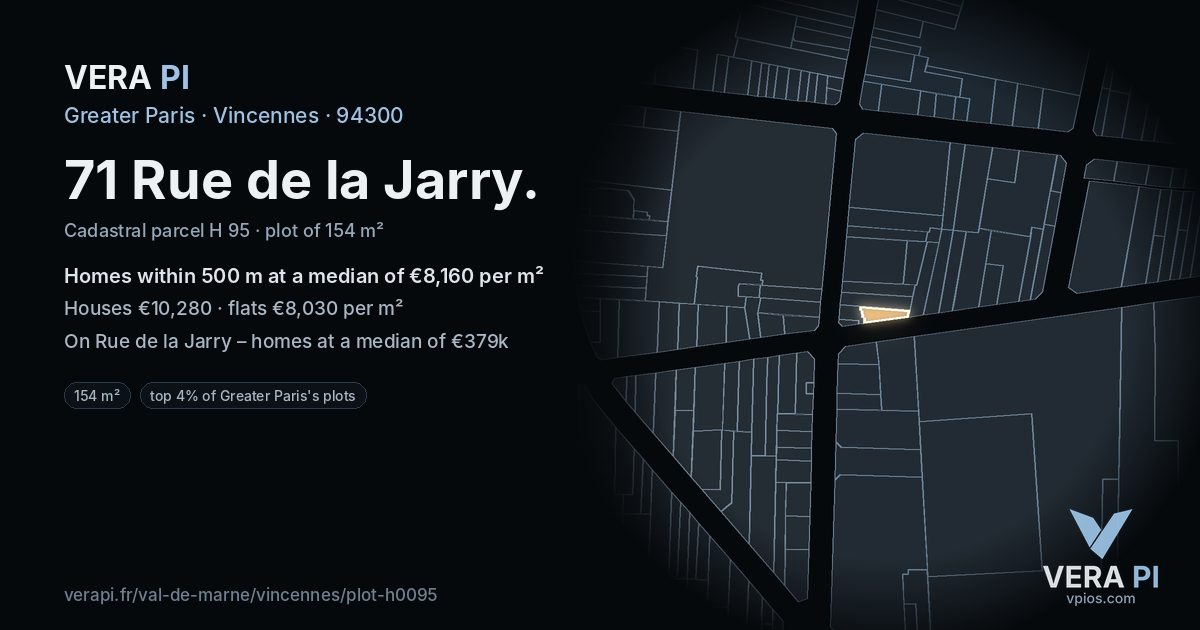71 Rue de la Jarry, Vincennes at night – the plot lit, the parcels around coloured by the prices near them