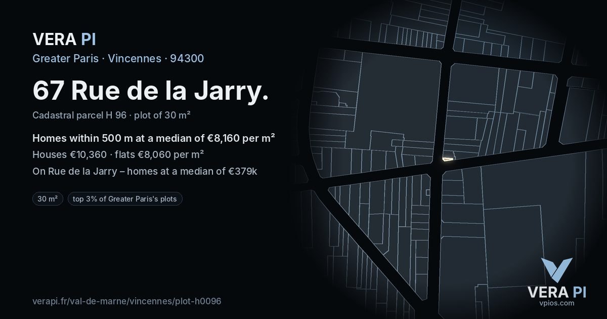 67 Rue de la Jarry, Vincennes at night – the plot lit, the parcels around coloured by the prices near them