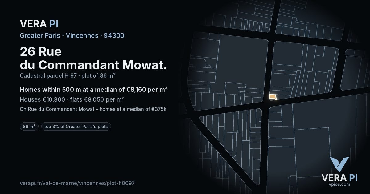 26 Rue du Commandant Mowat, Vincennes at night – the plot lit, the parcels around coloured by the prices near them