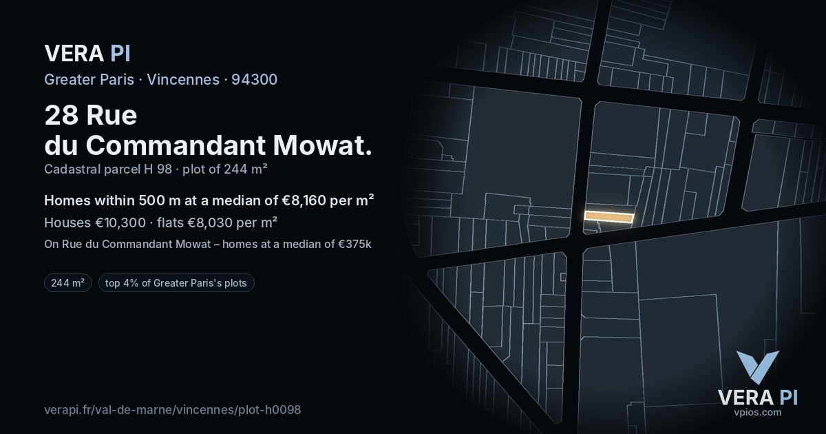 28 Rue du Commandant Mowat, Vincennes at night – the plot lit, the parcels around coloured by the prices near them