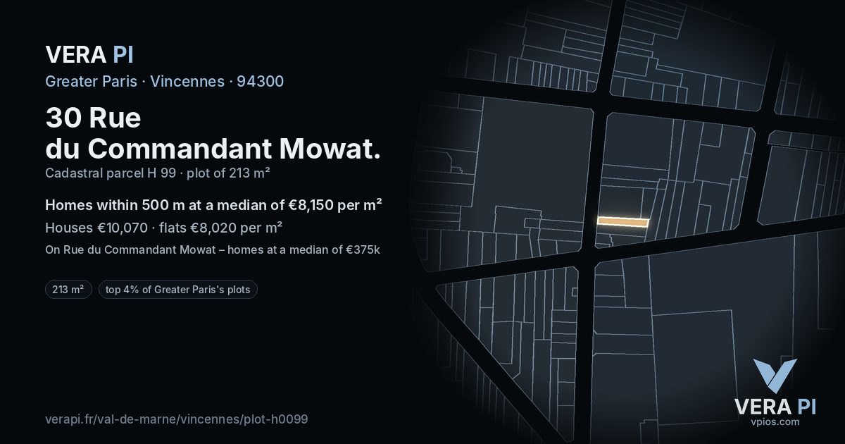30 Rue du Commandant Mowat, Vincennes at night – the plot lit, the parcels around coloured by the prices near them