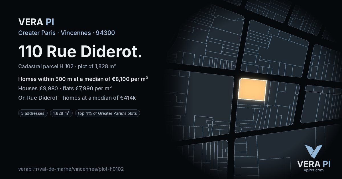 110 Rue Diderot, Vincennes at night – the plot lit, the parcels around coloured by the prices near them