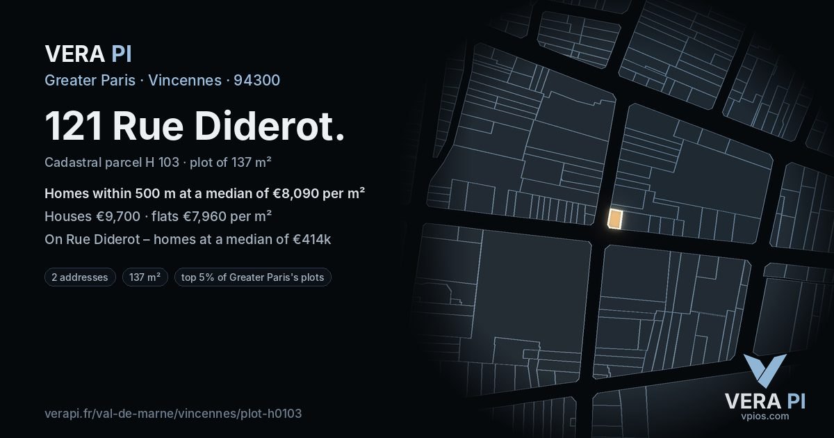 121 Rue Diderot, Vincennes at night – the plot lit, the parcels around coloured by the prices near them