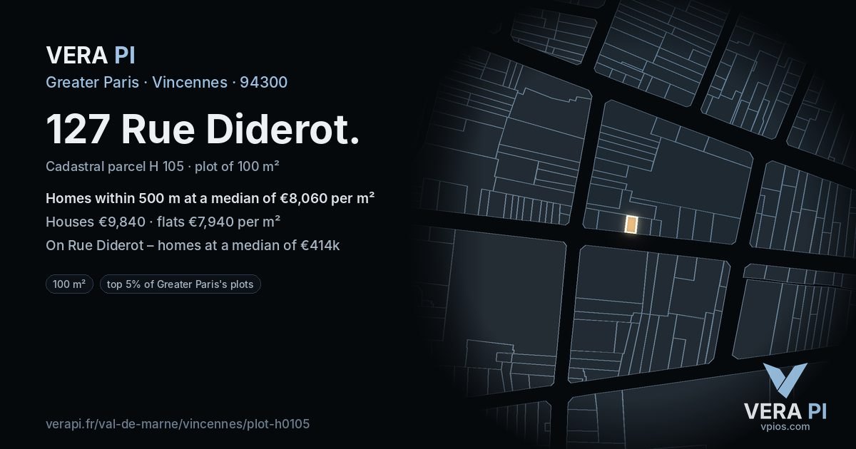 127 Rue Diderot, Vincennes at night – the plot lit, the parcels around coloured by the prices near them