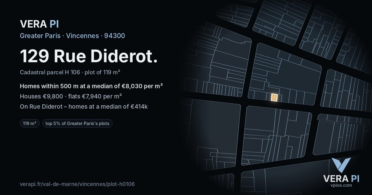 129 Rue Diderot, Vincennes at night – the plot lit, the parcels around coloured by the prices near them