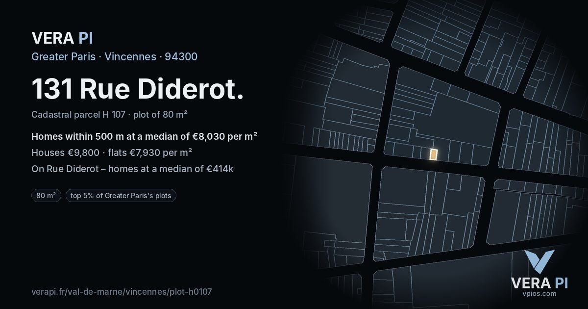 131 Rue Diderot, Vincennes at night – the plot lit, the parcels around coloured by the prices near them