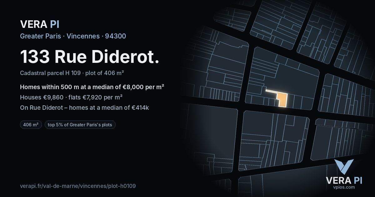 133 Rue Diderot, Vincennes at night – the plot lit, the parcels around coloured by the prices near them