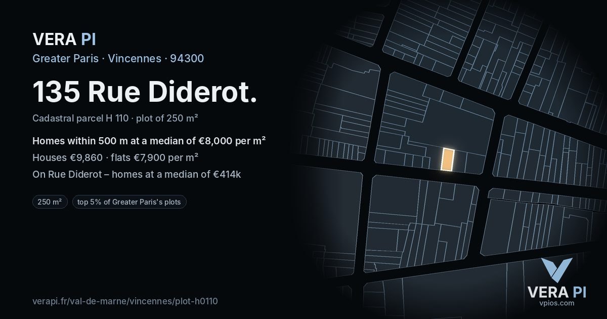 135 Rue Diderot, Vincennes at night – the plot lit, the parcels around coloured by the prices near them