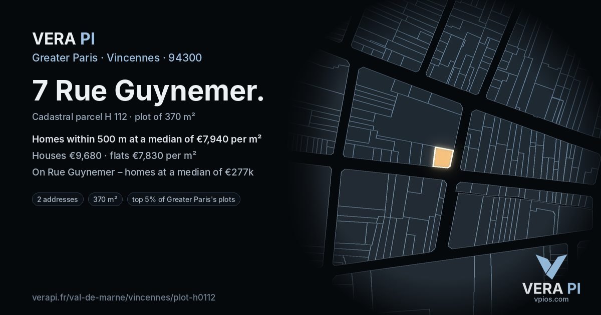 7 Rue Guynemer, Vincennes at night – the plot lit, the parcels around coloured by the prices near them