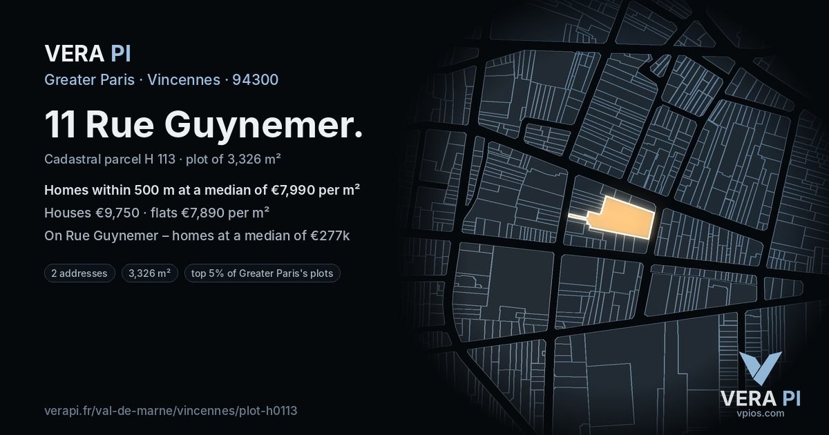 11 Rue Guynemer, Vincennes at night – the plot lit, the parcels around coloured by the prices near them