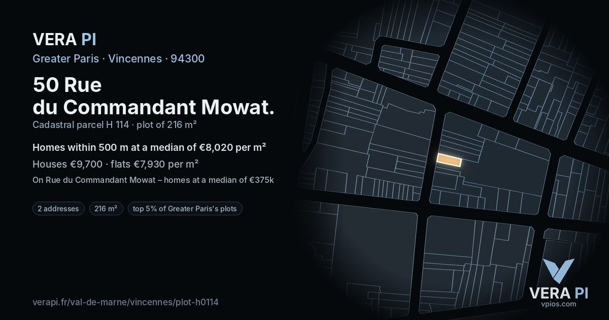 50 Rue du Commandant Mowat, Vincennes at night – the plot lit, the parcels around coloured by the prices near them