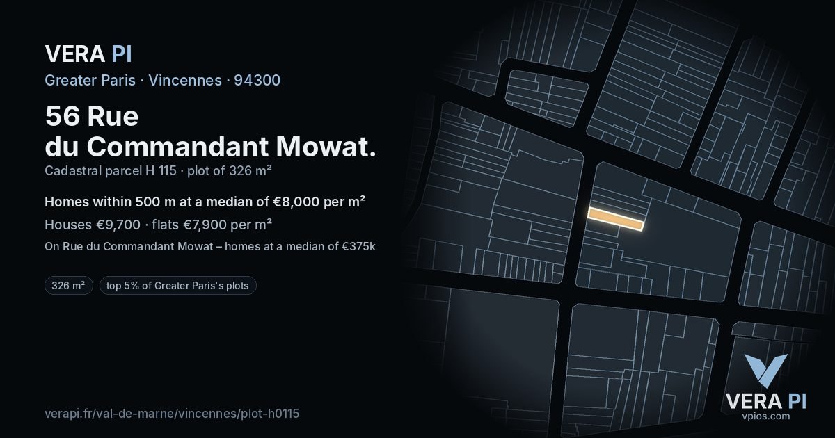 56 Rue du Commandant Mowat, Vincennes at night – the plot lit, the parcels around coloured by the prices near them