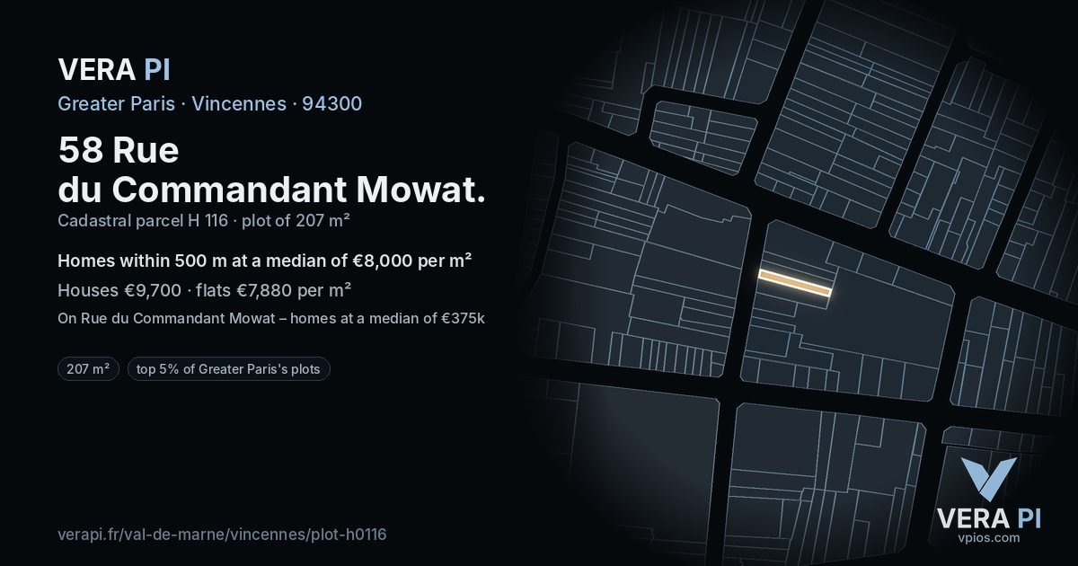 58 Rue du Commandant Mowat, Vincennes at night – the plot lit, the parcels around coloured by the prices near them