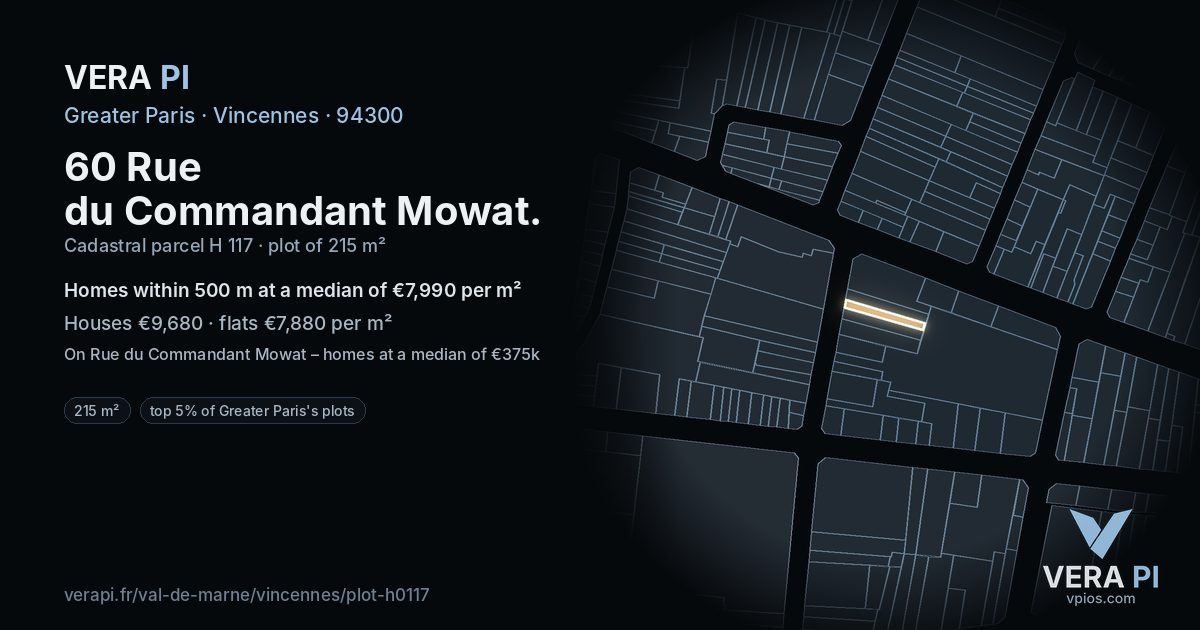 60 Rue du Commandant Mowat, Vincennes at night – the plot lit, the parcels around coloured by the prices near them