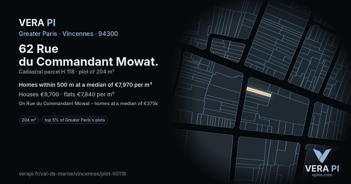62 Rue du Commandant Mowat, Vincennes at night – the plot lit, the parcels around coloured by the prices near them