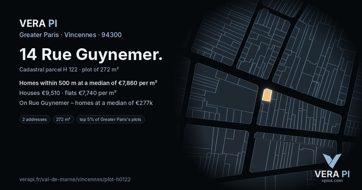14 Rue Guynemer, Vincennes at night – the plot lit, the parcels around coloured by the prices near them