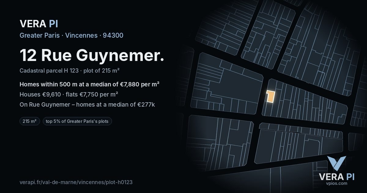 12 Rue Guynemer, Vincennes at night – the plot lit, the parcels around coloured by the prices near them