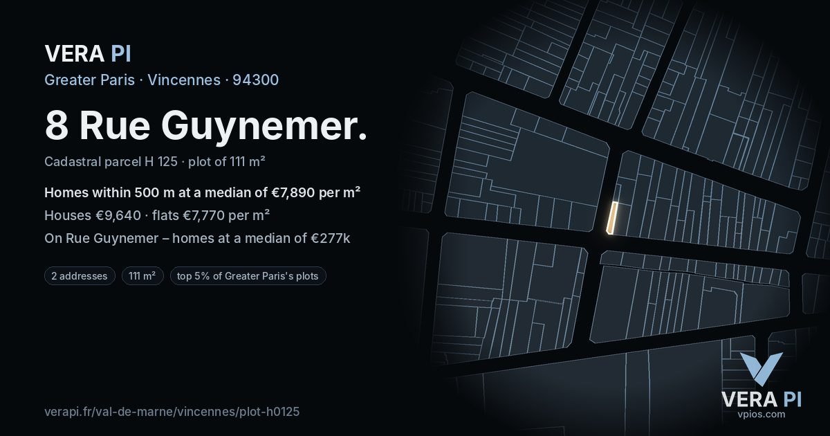 8 Rue Guynemer, Vincennes at night – the plot lit, the parcels around coloured by the prices near them