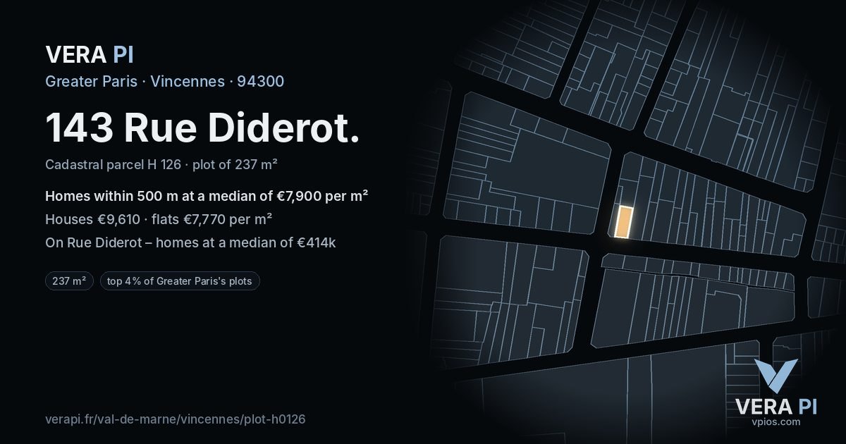143 Rue Diderot, Vincennes at night – the plot lit, the parcels around coloured by the prices near them