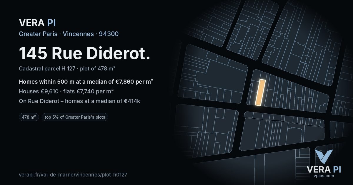 145 Rue Diderot, Vincennes at night – the plot lit, the parcels around coloured by the prices near them