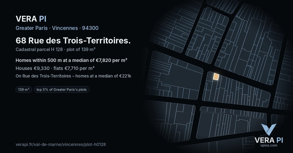 68 Rue des Trois-Territoires, Vincennes at night – the plot lit, the parcels around coloured by the prices near them