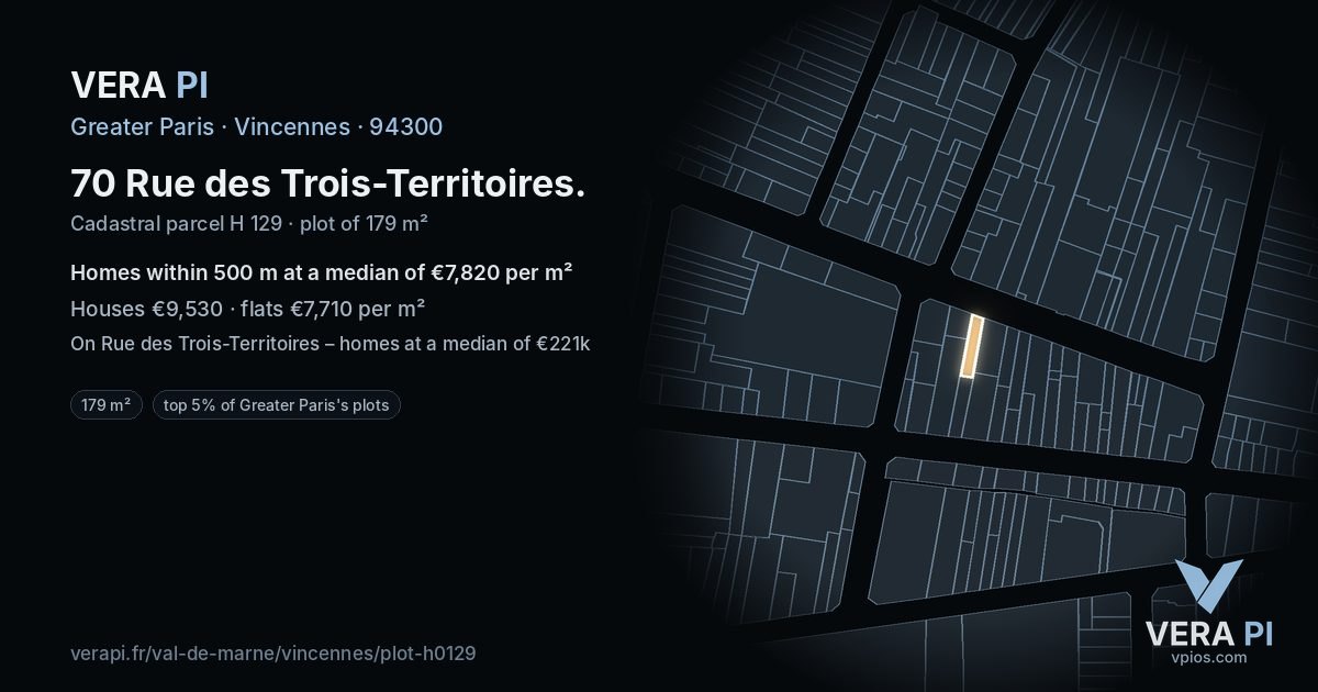 70 Rue des Trois-Territoires, Vincennes at night – the plot lit, the parcels around coloured by the prices near them