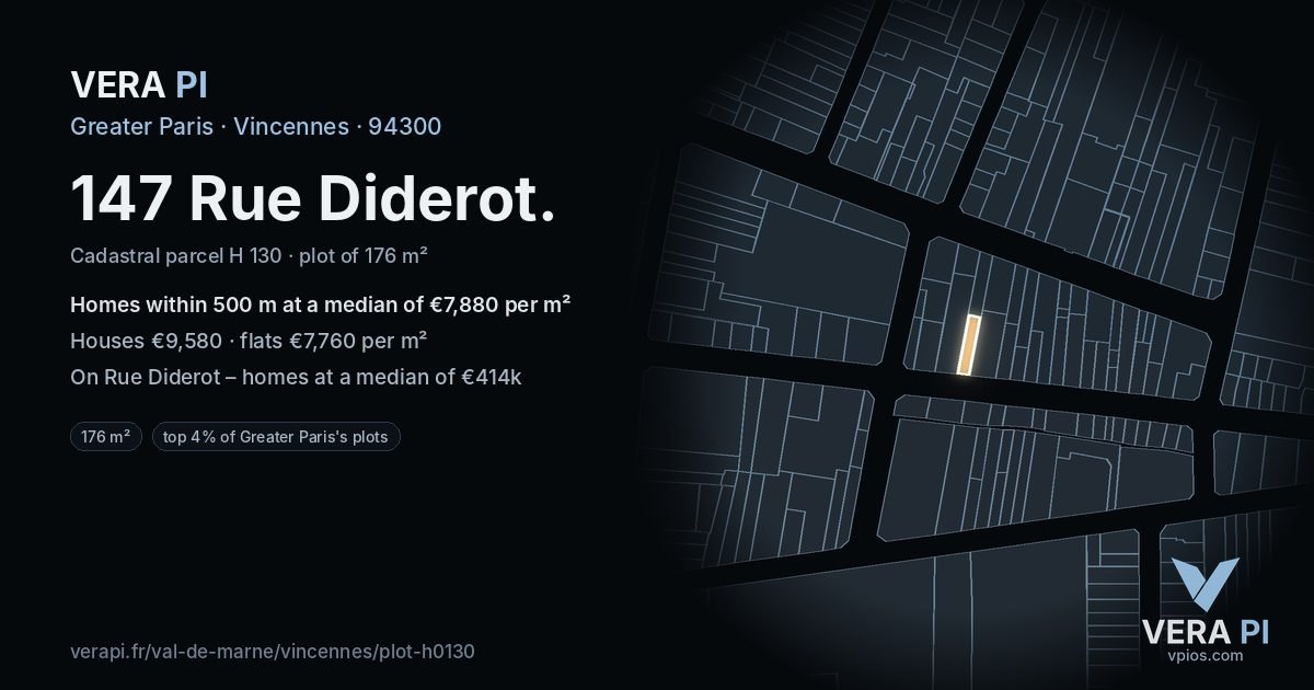 147 Rue Diderot, Vincennes at night – the plot lit, the parcels around coloured by the prices near them