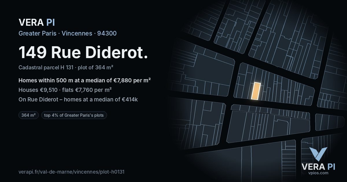 149 Rue Diderot, Vincennes at night – the plot lit, the parcels around coloured by the prices near them