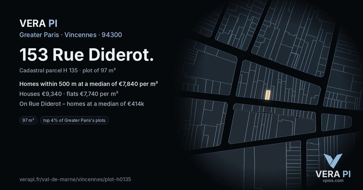 153 Rue Diderot, Vincennes at night – the plot lit, the parcels around coloured by the prices near them