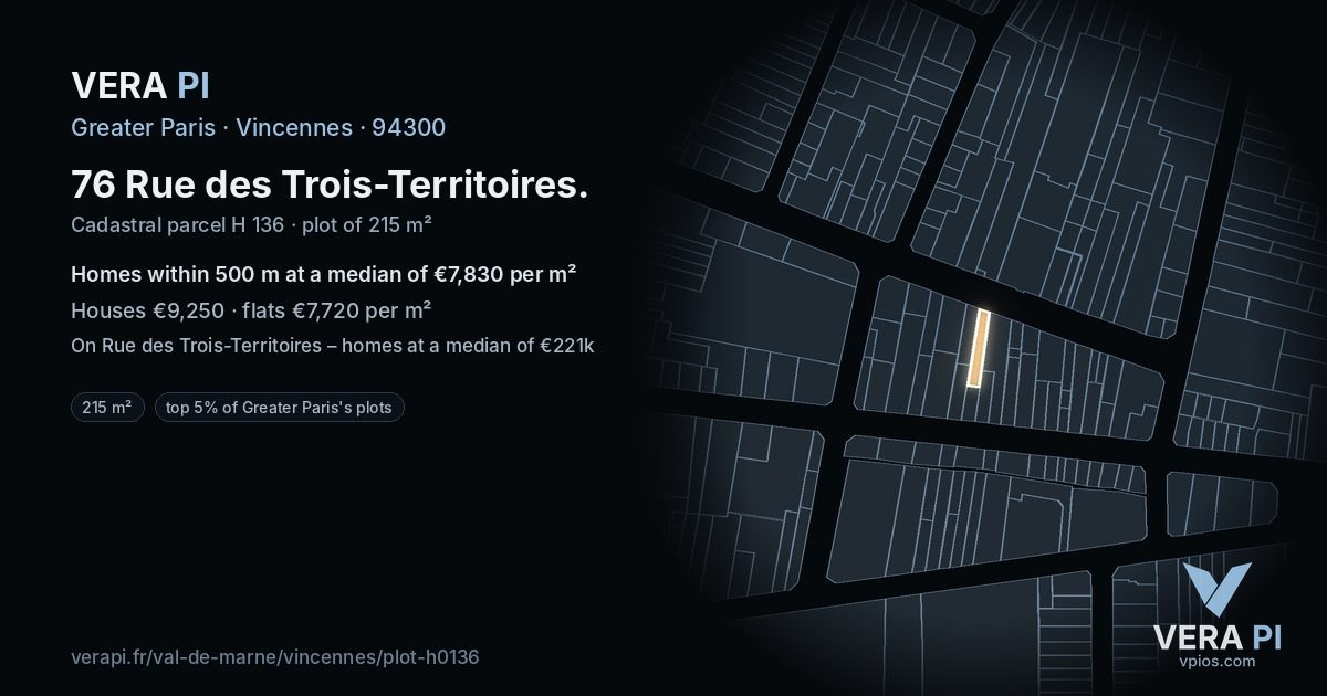 76 Rue des Trois-Territoires, Vincennes at night – the plot lit, the parcels around coloured by the prices near them