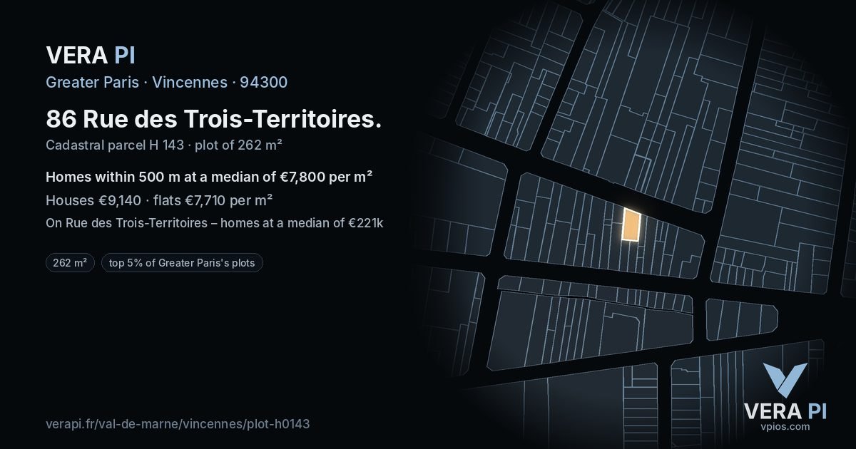 86 Rue des Trois-Territoires, Vincennes at night – the plot lit, the parcels around coloured by the prices near them