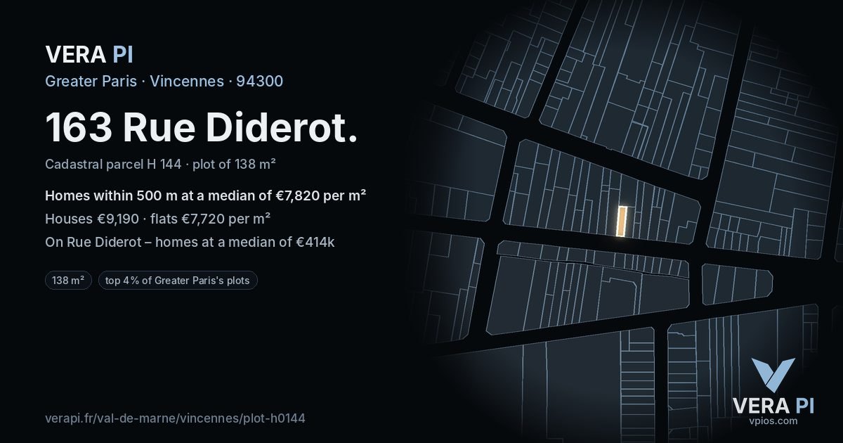 163 Rue Diderot, Vincennes at night – the plot lit, the parcels around coloured by the prices near them