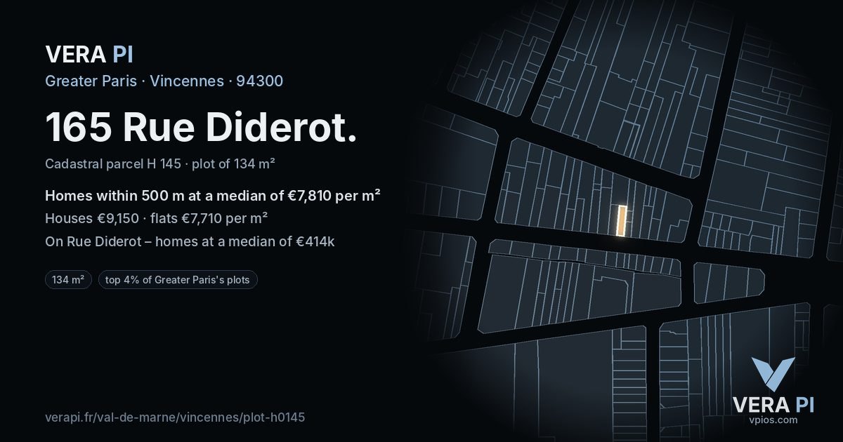 165 Rue Diderot, Vincennes at night – the plot lit, the parcels around coloured by the prices near them