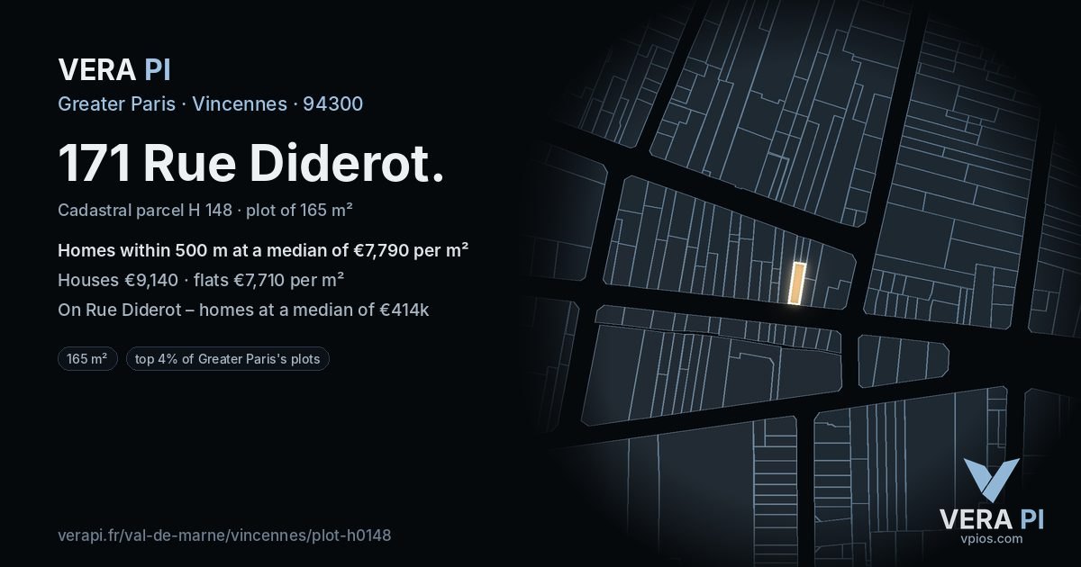 171 Rue Diderot, Vincennes at night – the plot lit, the parcels around coloured by the prices near them