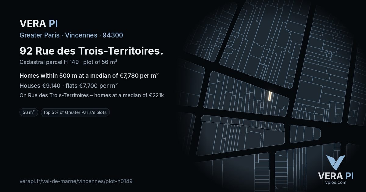 92 Rue des Trois-Territoires, Vincennes at night – the plot lit, the parcels around coloured by the prices near them