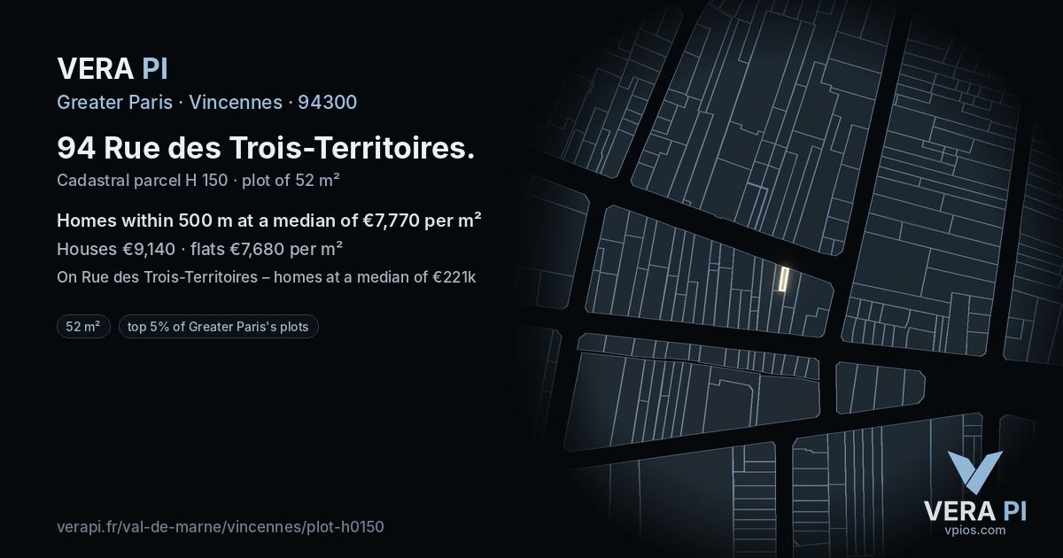 94 Rue des Trois-Territoires, Vincennes at night – the plot lit, the parcels around coloured by the prices near them