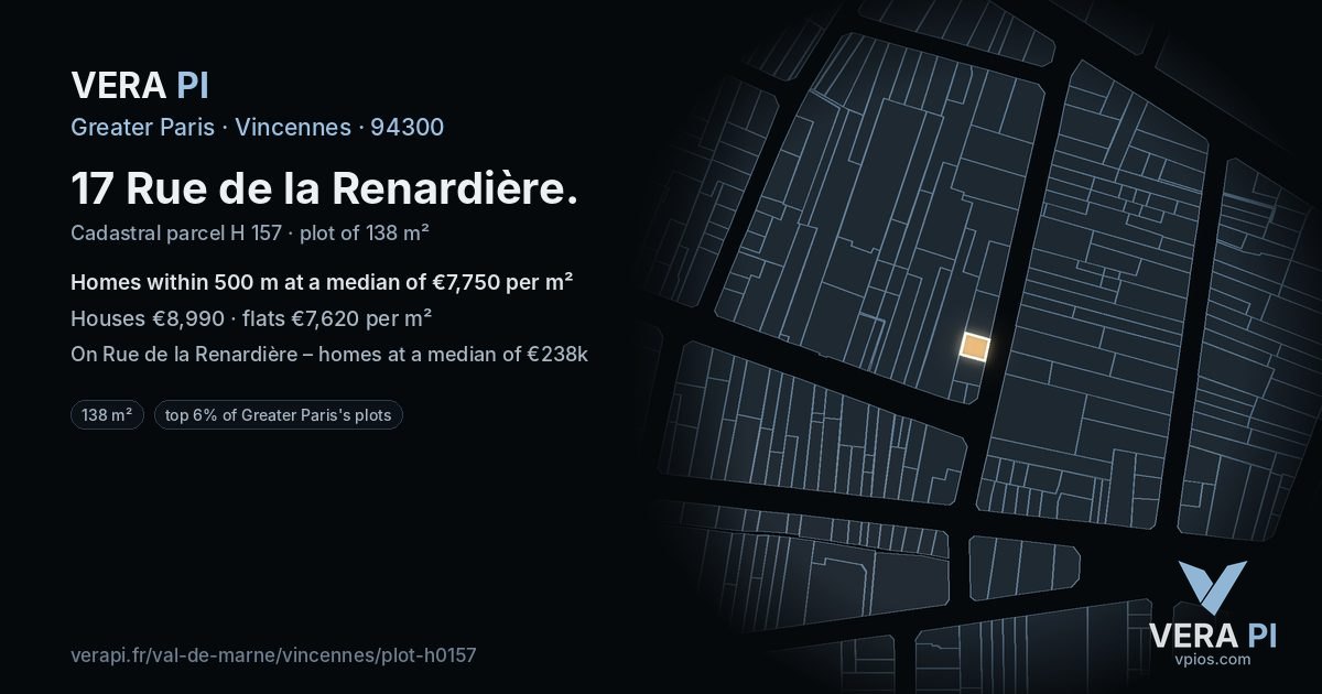 17 Rue de la Renardière, Vincennes at night – the plot lit, the parcels around coloured by the prices near them