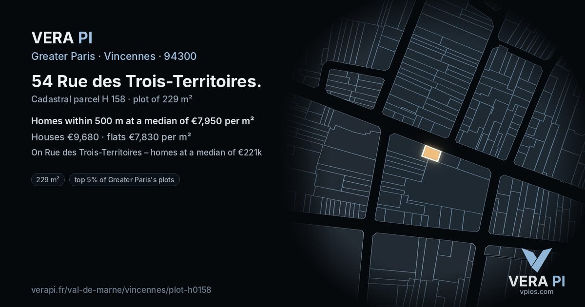 54 Rue des Trois-Territoires, Vincennes at night – the plot lit, the parcels around coloured by the prices near them