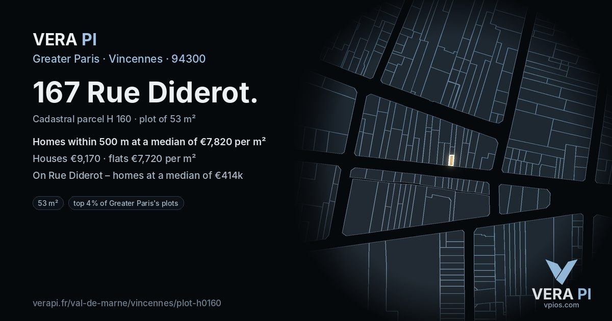 167 Rue Diderot, Vincennes at night – the plot lit, the parcels around coloured by the prices near them