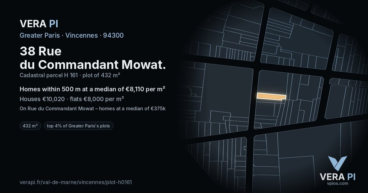 38 Rue du Commandant Mowat, Vincennes at night – the plot lit, the parcels around coloured by the prices near them